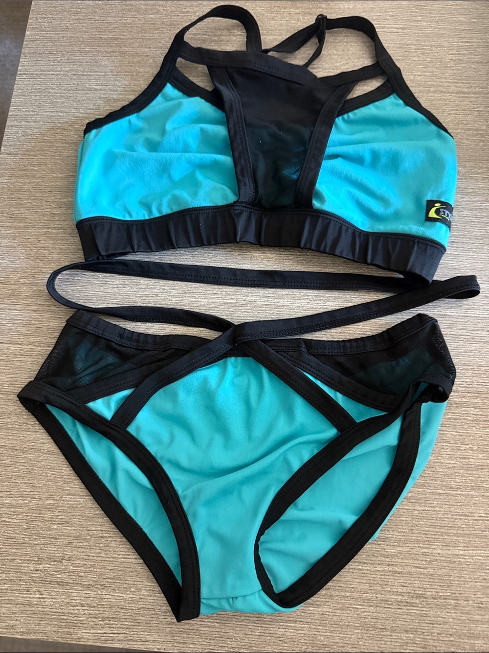 Turquoise and Black Strappy pole Bikini Set